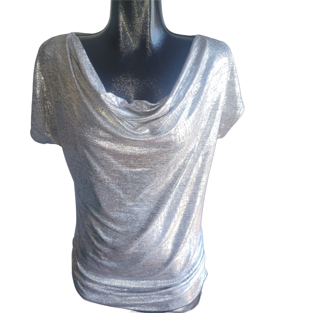 Black Collection Silver Metallic Short Sleeve Draped Neckline Top M